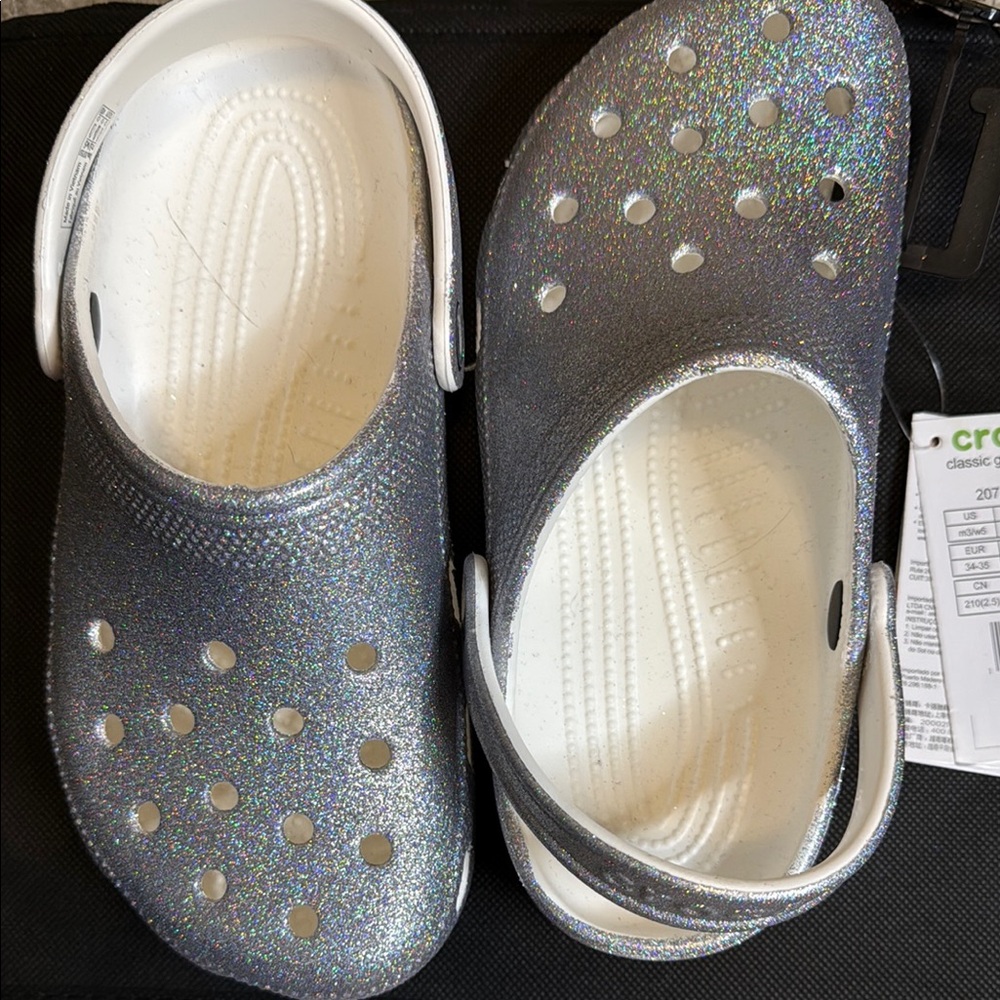 CROCS Silver Glitter Mules with Perforated Design